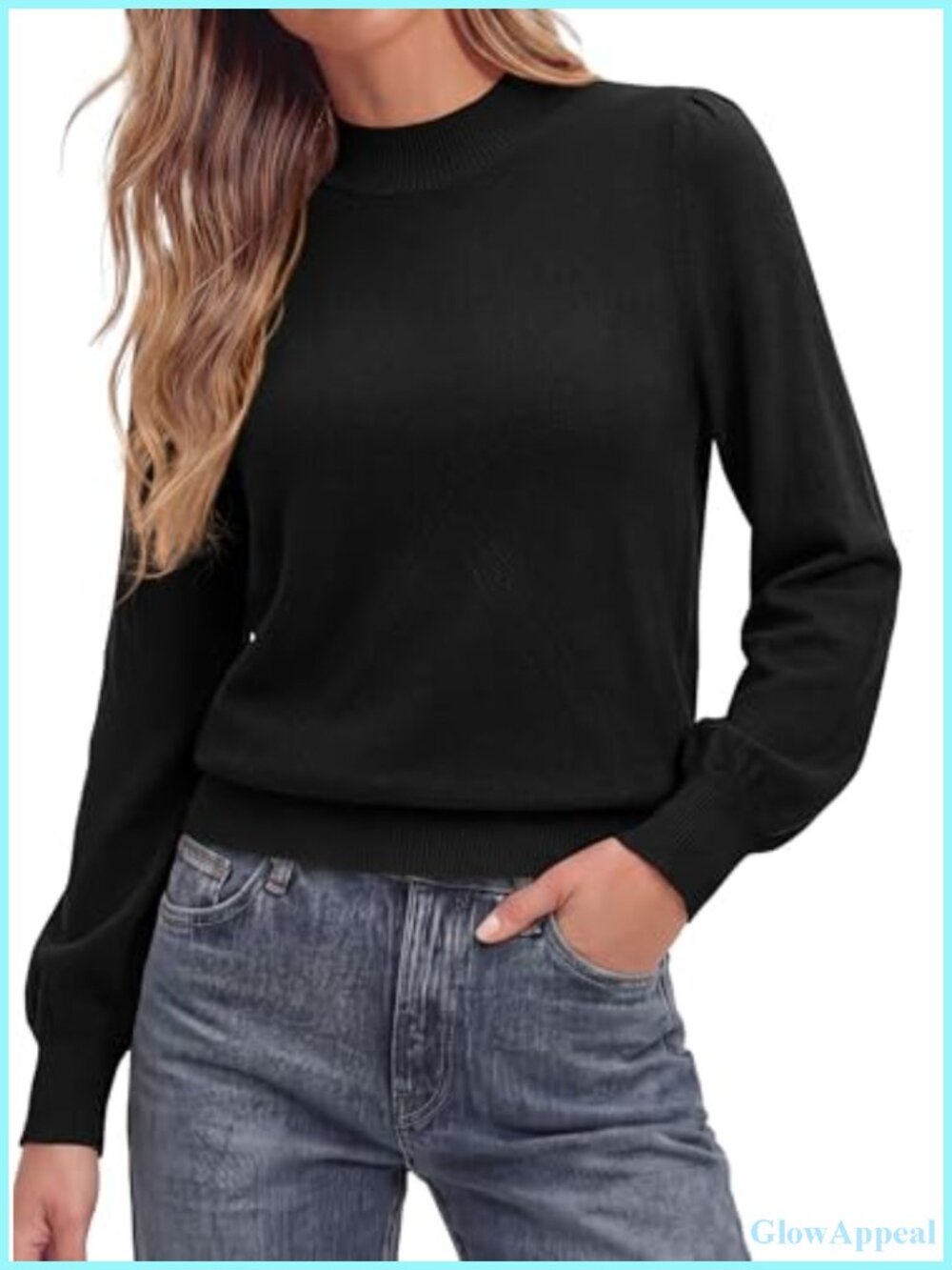 Mock Neck Long Sleeve Knit Pullover Sweater Lantern Sleeve